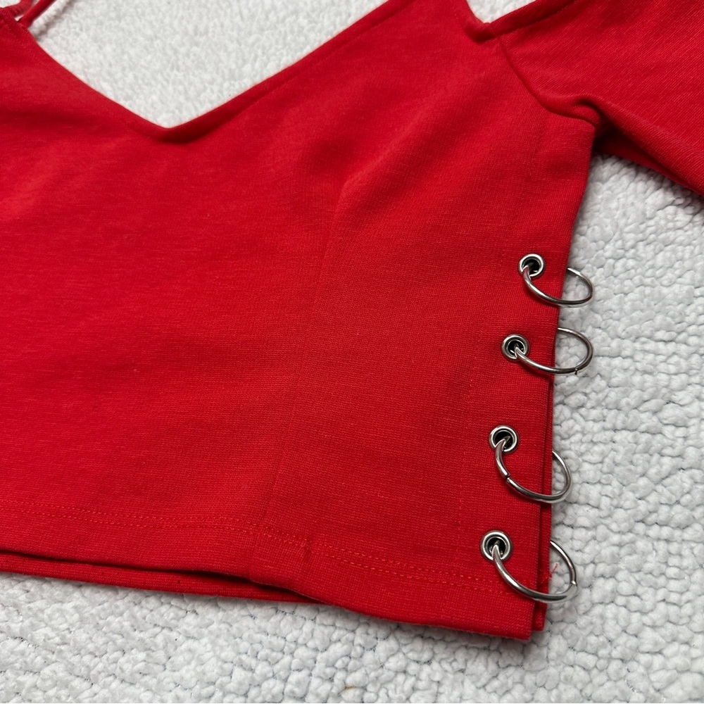 Women’s Red Topshop Cropped Top Cold Shoulder Spaghetti Strap V neck - Picture 5 of 14